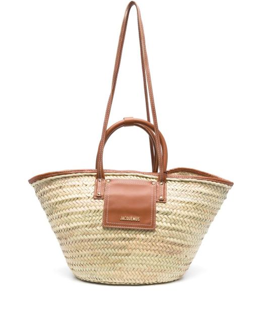 Jacquemus Natural Handwoven Straw Basket Handbag With Leather Details For