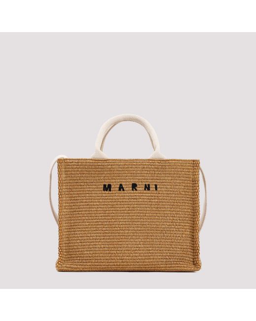 Marni Brown Raffia-Effect Canvas Small Tote Bag