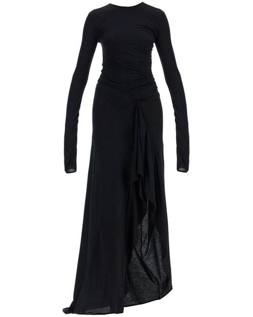 The Attico Black Long Draped T-Shirt Maxi Dress With Pleats