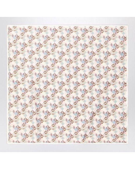 Fendi Natural Stylish Silk Foulard With Geometric Pattern And Logo, Double-Sided Design