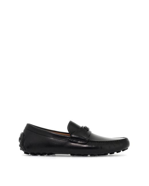 Ferragamo Black Gancini Hook Leather Drivers With Enamel Accents, Eee Fit for men