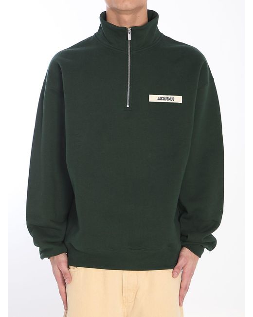 Jacquemus Green Grosgrain Patch Logo Half Zip Sweatshirt for men