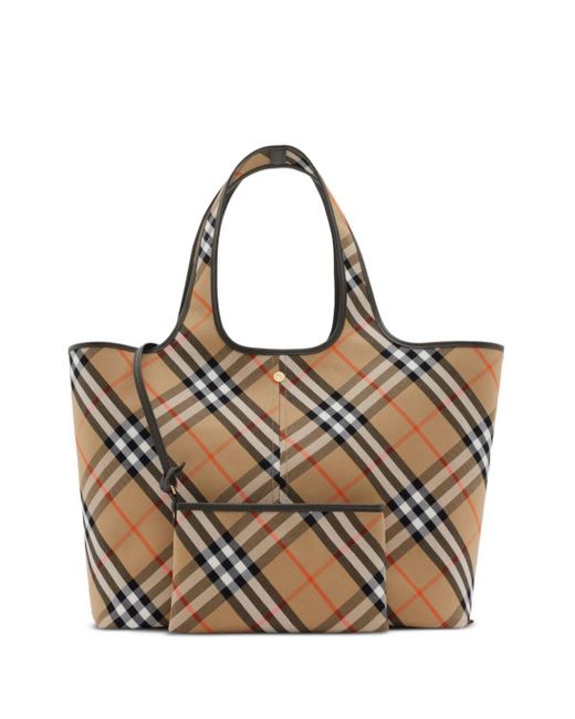 Burberry Brown Medium Checkered Cotton Twill Tote With Leather Accents