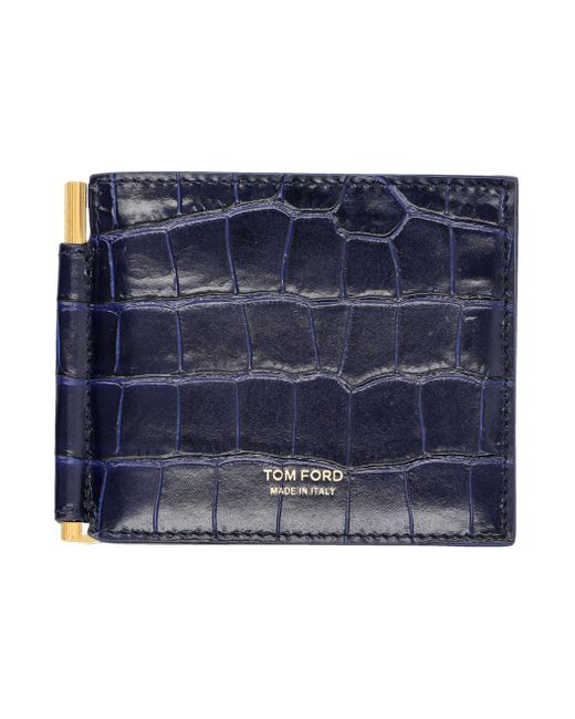 Tom Ford Blue Luxury Croc-Embossed Leather Money Clip Wallet With Accents 9X12Cm for men