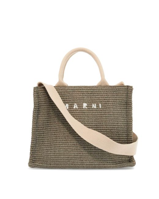 Marni Green Raffia-Effect Canvas Small Tote Bag