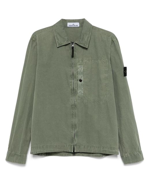 Stone Island Green Cotton Twill Overshirt With Zipper Closure for men