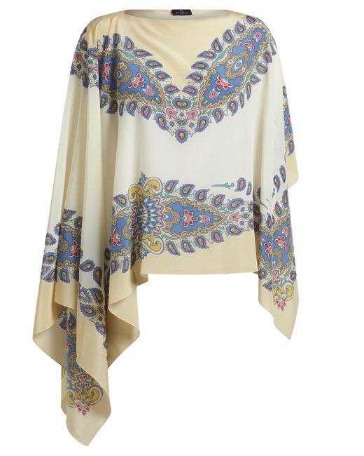 Etro Blue Asymmetric Silk Poncho With Paisley Print