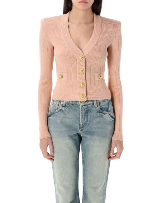 Balmain Blue V-Neck Buttons Knit Cardigan With Shoulder Pads