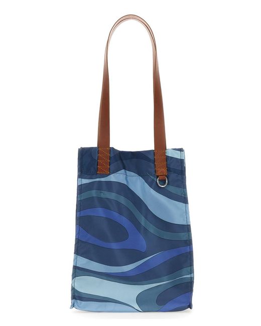 Emilio Pucci Blue Patterned Tote Handbag With Double Leather Top Handle