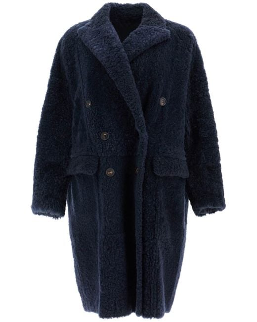 Brunello Cucinelli Blue Shearling Frosty Effect Coat