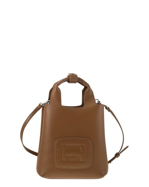 Hogan Brown Mini Shopping Tote Handbag With Embossed Logo