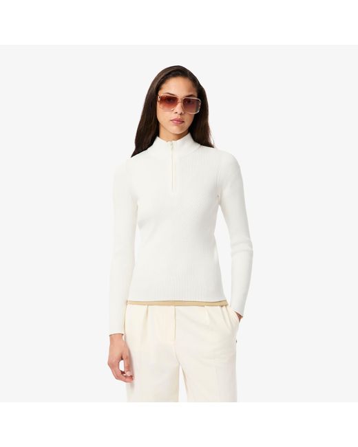 Lacoste White High-Neck 3D Ribbed Knit Sweater