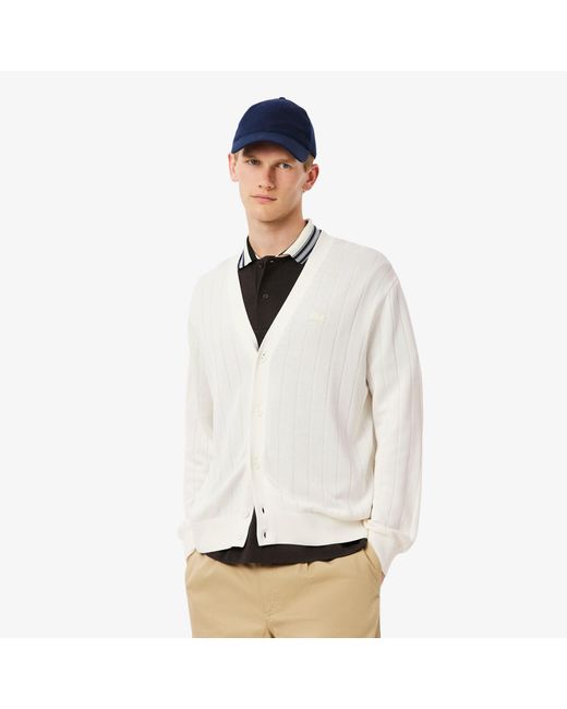 Lacoste White Fluid Rib Knit Cardigan for men