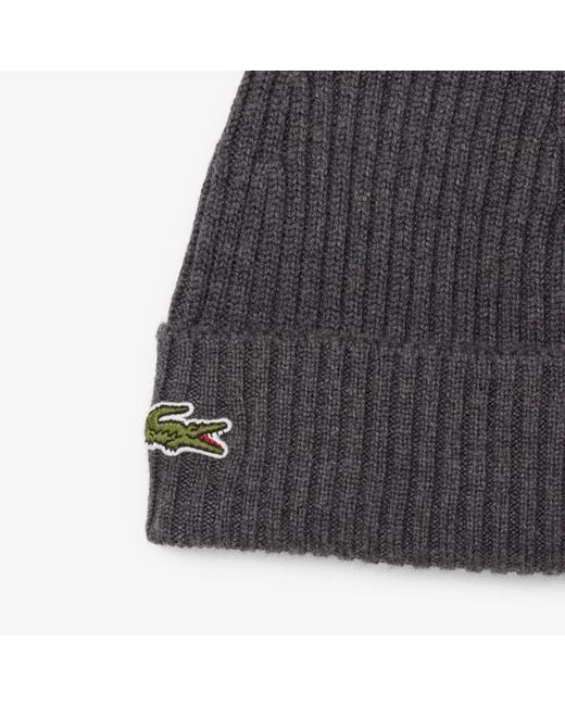 Lacoste Black Rib Knit Brushed Wool Beanie