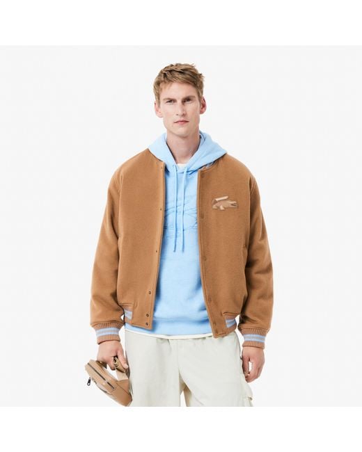 Lacoste Brown Wool Crocodile Badge Bomber Jacket for men