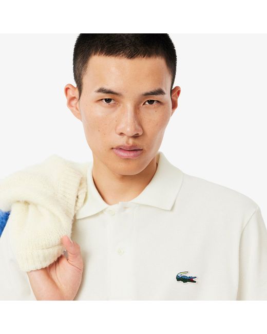 Lacoste White Classic Fit Landscape Crocodile Piqué Polo for men