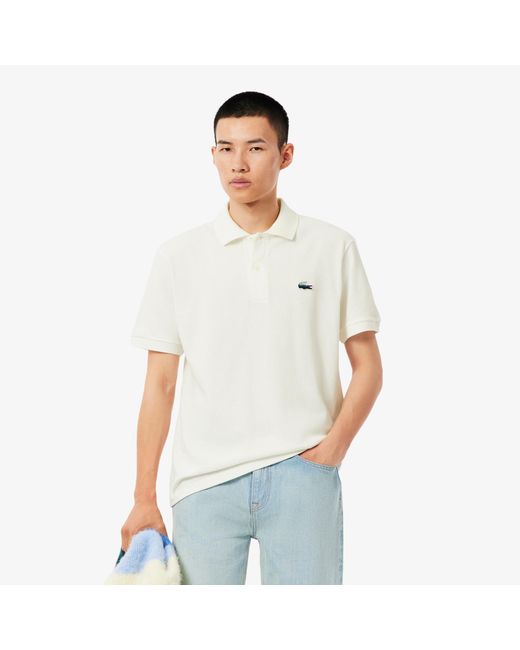 Lacoste White Classic Fit Landscape Crocodile Piqué Polo for men