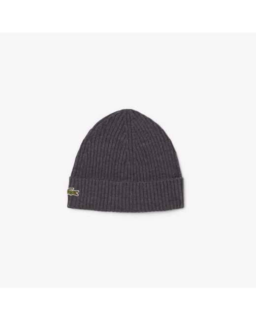 Lacoste Black Rib Knit Brushed Wool Beanie