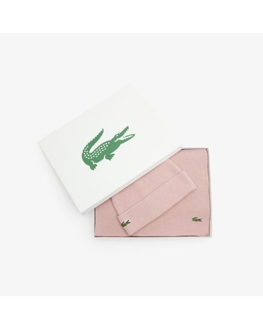 Lacoste Pink Wool Scarf & Beanie Gift Set