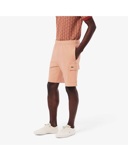 Lacoste Red Cotton Fleece Cargo Shorts for men