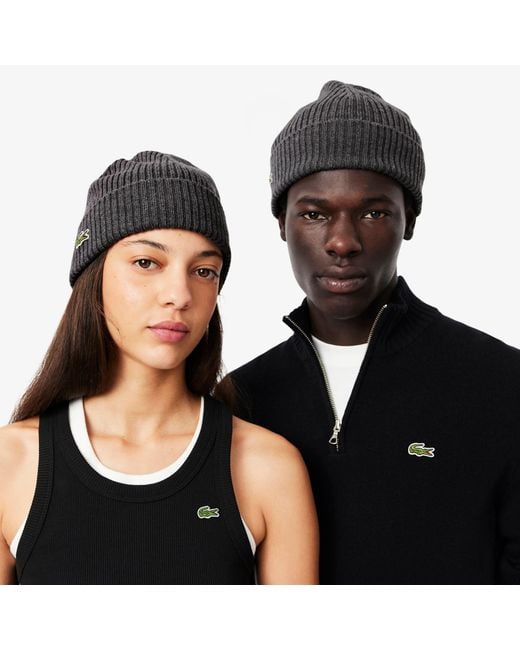 Lacoste Black Rib Knit Brushed Wool Beanie