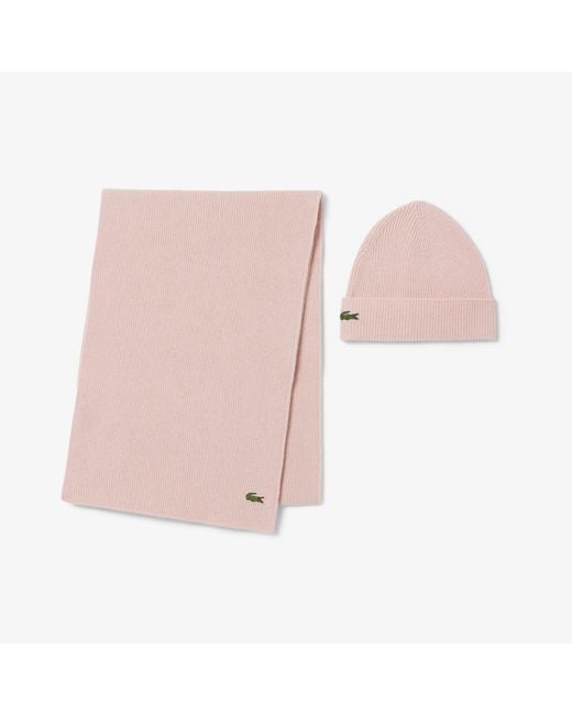 Lacoste Pink Wool Scarf & Beanie Gift Set