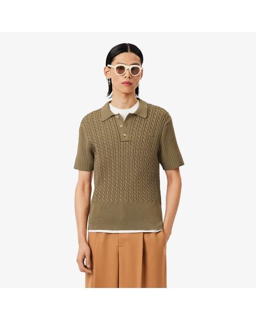 Lacoste Green Runway Cable Knit Polo Collar Sweater for men