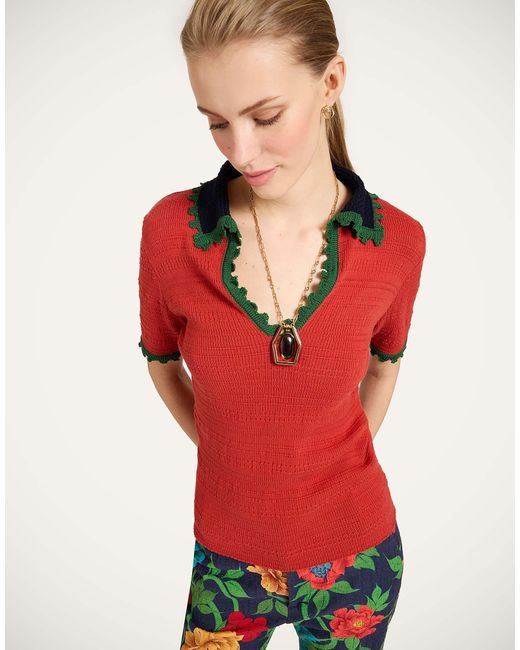 LaDoubleJ Red Picket Polo Top