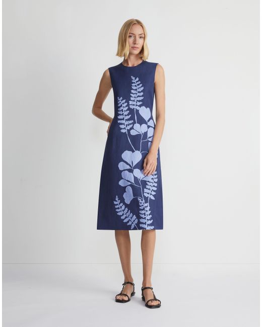Lafayette 148 New York Blue Flora Print Viscose-linen Sleeveless Dress