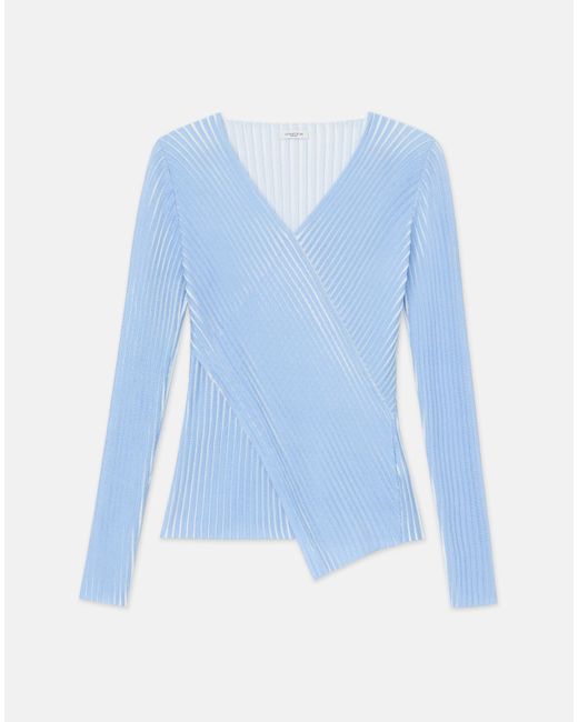 Lafayette 148 New York Blue Overprint Finespun Voile Pleat Stitch Crossover Sweater