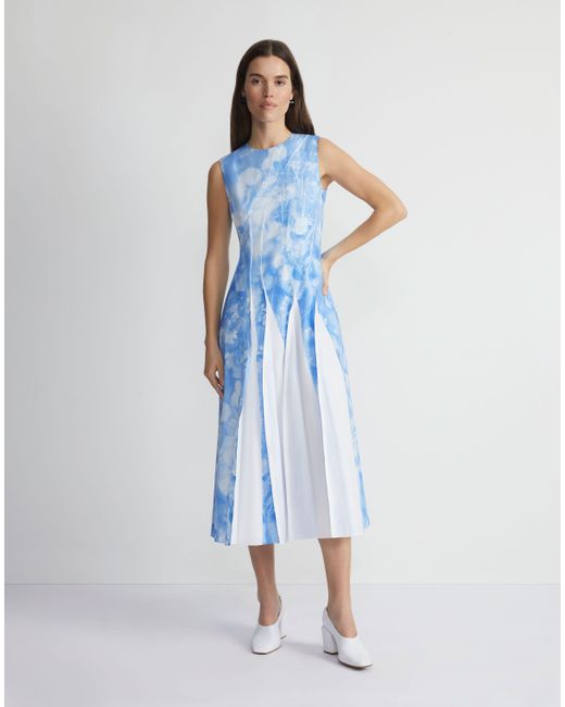 Lafayette 148 New York Blue Eco Flora Print Poplin Pleated Dress