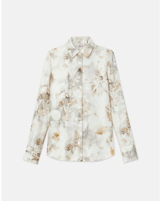 Lafayette 148 New York White Eco Leaves Print Silk Twill Buttoned Blouse