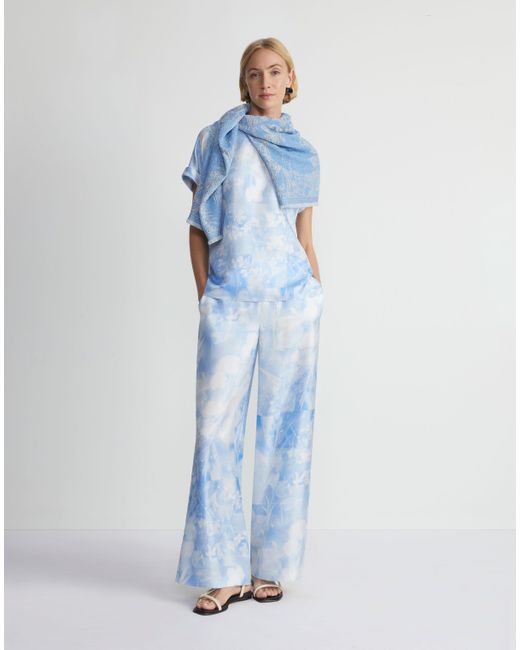 Lafayette 148 New York Blue Eco Flora Print Silk Twill Riverside Pant