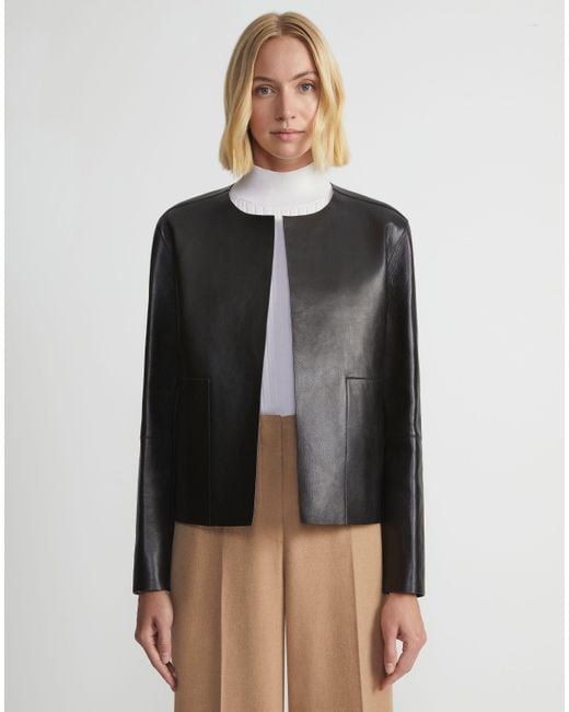 Lafayette 148 New York Black Nappa Leather Collarless Open Front Jacket