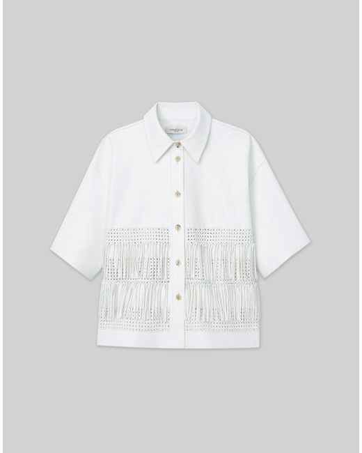 Lafayette 148 New York White Lambskin Leather Hand Basketweave Fringed Shirt Jacket