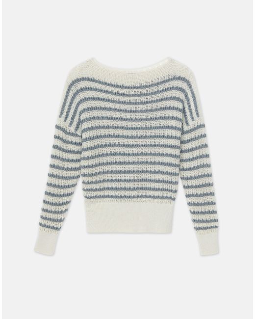 Lafayette 148 New York White Stripe Organic Cotton & Denim Yarn Bateau Sweater