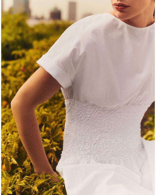 Lafayette 148 New York White Organic Cotton Poplin Smocked Waist Dress