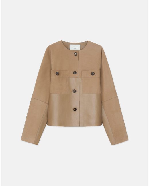 Lafayette 148 New York Natural Nubuck Suede & Leather Collarless Jacket