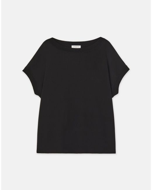 Lafayette 148 New York Black Organic Silk Stretch Georgette Knit Trim T-shirt Blouse