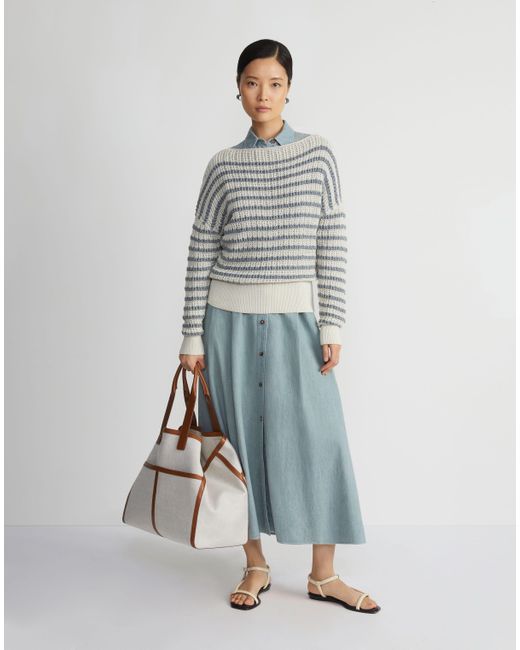 Lafayette 148 New York White Stripe Organic Cotton & Denim Yarn Bateau Sweater