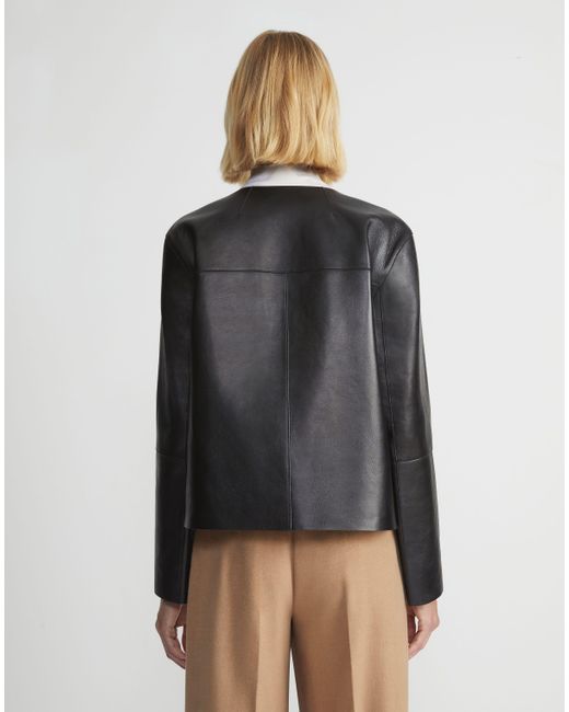 Lafayette 148 New York Black Nappa Leather Collarless Open Front Jacket