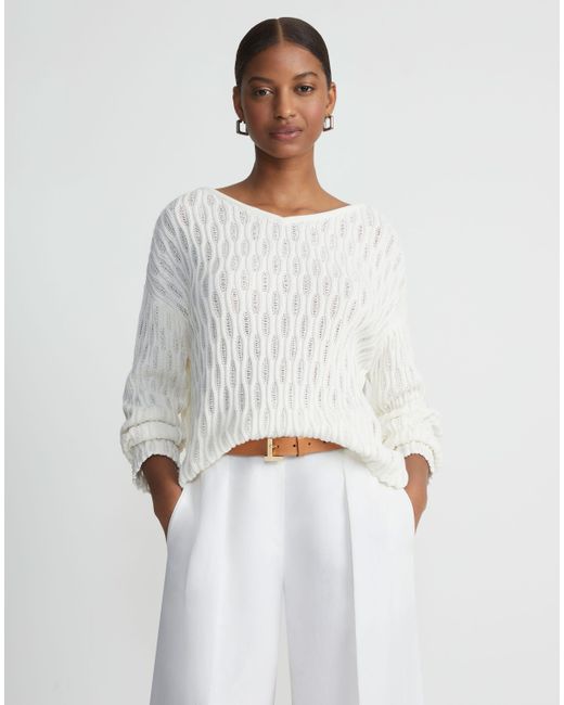 Lafayette 148 New York White Cottonsilk Lattice Stitch Wide V-neck Sweater