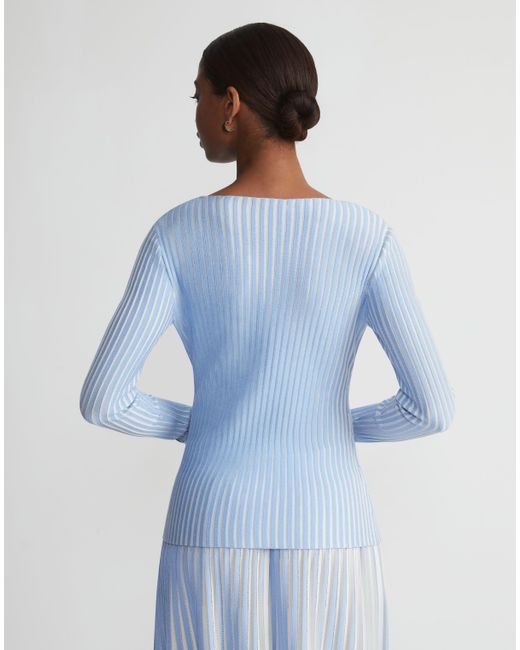Lafayette 148 New York Blue Overprint Finespun Voile Pleat Stitch Crossover Sweater