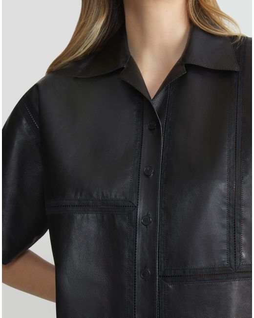 Lafayette 148 New York Gray Plus-size Nappa Lambskin Leather Block Panel Shirt