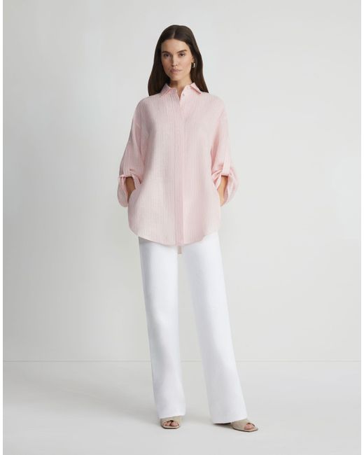 Lafayette 148 New York Pink Plus-size Stripe Linen Tab Sleeve Blouse