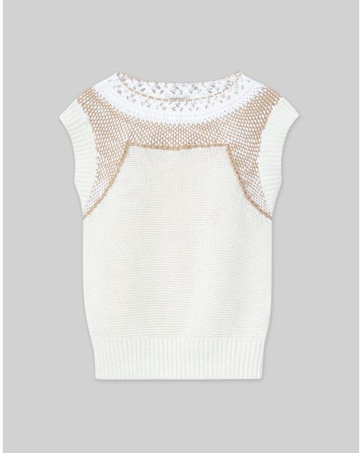 Lafayette 148 New York White Cotton-silk Hand Macramé Trim Sweater