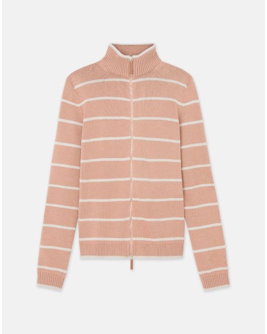 Lafayette 148 New York Pink Plus-Size Stripe Cottonsilk Stand Collar Cardigan