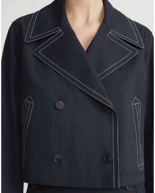 Lafayette 148 New York Blue Cotton Twill Double Breasted Contrast Stitched Jacket