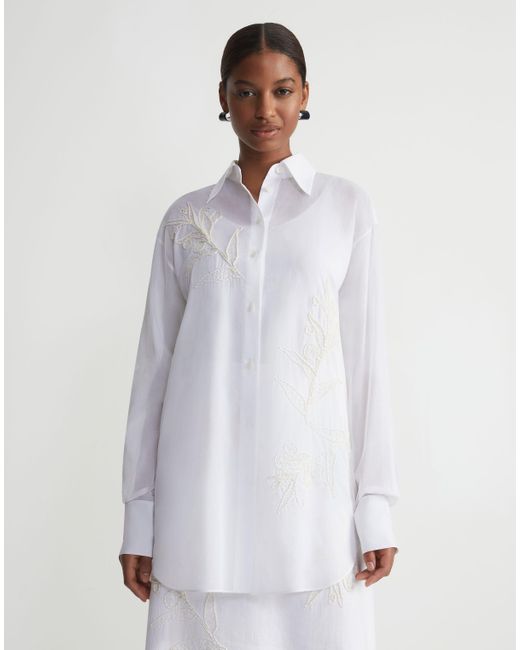 Lafayette 148 New York White Plus-size Embroidered Flora Cotton Voile Oversized Shirt
