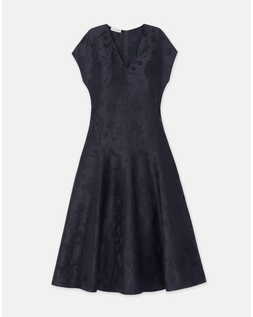 Lafayette 148 New York Blue Eco Flora Jacquard Linen-viscose Flared Dress